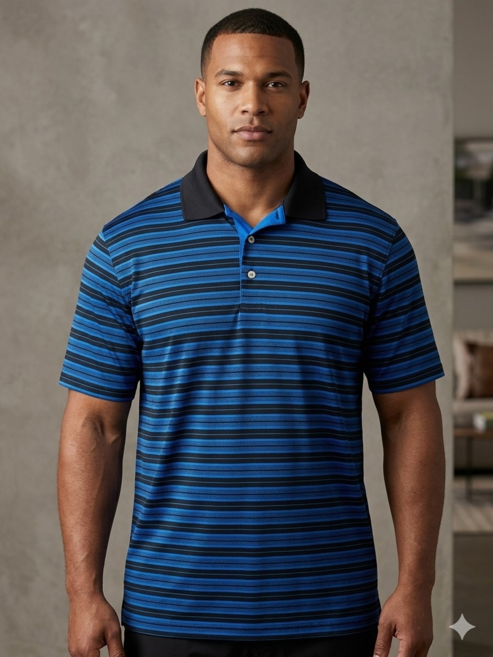 PGA Tour Blue and Black Striped Polo Shirt Men's Size LG